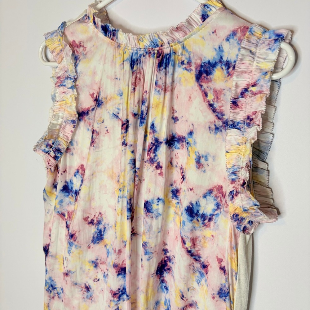 Dolan Left Coast Tie Dye Top Sz Large Boho Ruffle Sleeveless Mixed Media Blouse - Picture 3 of 7